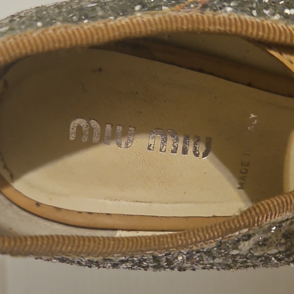 Miu Miu Silver Tan Glitter Mary Jane Open Toe Pumps Size 40 - Picture 9 of 12